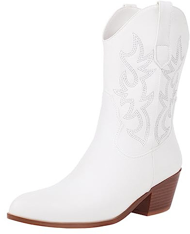 rismart Donna Western Stivali da Cowboy a Metà Polpaccio Ricamate Scarpe da Cowgirl Bianco,40