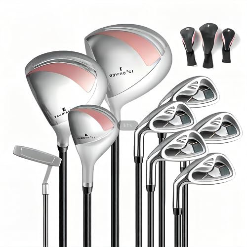 SPOTRAVEL 9 PCS Golf Club Set, Men/Women Professional Golf Set with 3# Fairway Wood, 4# Hybrid, 6#, 7#, 8#, 9# & P# Irons, Putter & Head Covers, Complete Steel Shaft Golf Package Set for Adults (Pink)