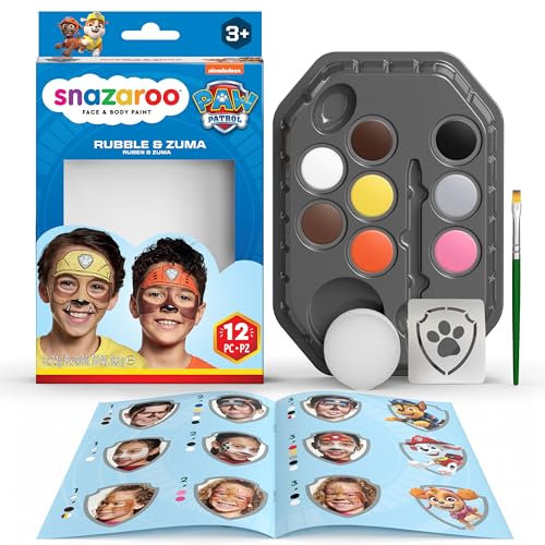 Snazaroo 1172202 Paw Patrol Schminkset Rubble & Zuma - 8 Gesichts- und Körperfarben auf Wasserbasis mit Schwamm, Pinsel, Schablone, Anleitung
