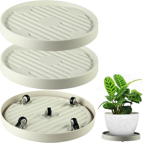 3 Packs 13 Large Plant Caddy with Hidden Wheels Rolling Plant Stands Heavy-Duty Movable Plant Dolly Pot Saucer 360° Plastic Plant Roller Base with 5 Invisible Casters for Indoor Outdoor Plants, Beige
