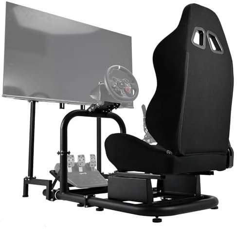 Anman Racing Simulator Cockpit(50mm Round Tube)with Black Seat L-Shaped Fit for Logitech G29 G920 G923 Support Thrustmaster Fanatec Driving Mount(With Monitor Stand)Not Included Wheel Pedal Handbrake