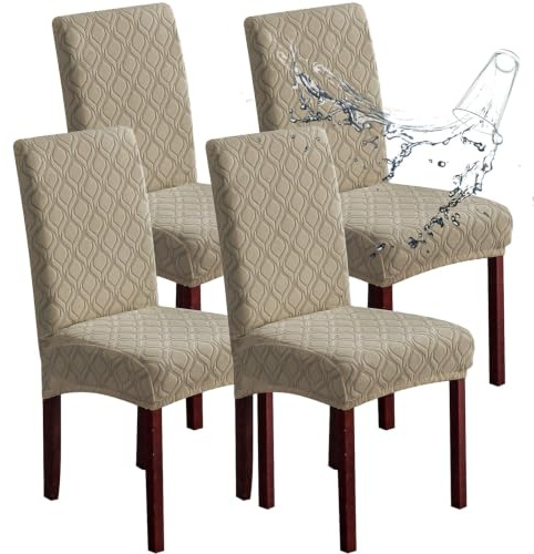 KELUINA Stuhlhussen Stretch Punktmuster Wasserabweisend Sand 4er Set | Wasserabweisende Stretch Stuhlhussen mit Punktmuster für Esszimmer, Küche und viele Polsterstühle.