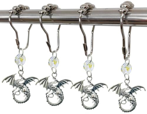 Decorative Dragon Shower Curtain Hooks for Bathroom, Rustproof Metal Polished Nickel Curtain Rings Set of 12 with Fantastic Beasts Silver Dragon Gothic Medieval Fantasy Theme Bathroom Decor (Silver)