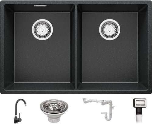 Fregadero bajo Encimera Grafito 76x47cm, Fregadero Granito 2 Senos + Sifón + Grifo, Al mueble 80cm - London Twin de Primagran