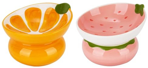 2PCS Tilted Elevated Cat Food Bowl Raised Ceramic Cat Bowl Anti Vomiting Shallow Cat Feeding Bowls Wide Cat Bowls Whisker Friendly High Cat Dish Microwave and Dishwasher Safe (Strawberry + Orange)