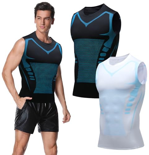 Ronronner 2 StüCk 2024 Ionic Shaping Weste, Ionic Shaping Herren Unterhemd, Bauchweg Herren, KöRperföRmig, Atmungsaktives Eis-Seiden-Gewebe - Sportbekleidung FüR MäNner (Schwarz und weiß, L)