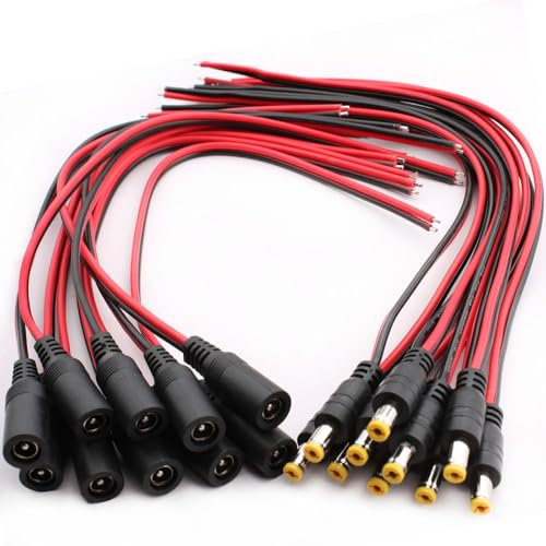 RUNCCI-YUN 20Pcs DC Power Pigtail Cable, 18AWG DC 12V 5A 5,5 x 2,1 mm DC Conector Kit, DC Power Jack Conector Adaptador e Cabo DC Power Pigtail para segurança doméstica e iluminação para festas
