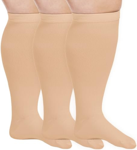 3 Paar Medizinische Kompressionsstrümpfe Damen & Herren 20-30 mmHg, Dicke Waden Stützstrümpfe für Medizinisch Krampfadern Ödeme Flug (3x Beige, 5XL)
