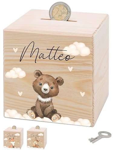 Bärenfreunde® - Personalisierte Spardose Kinder aus Holz mit Metallschloss - Spardose mit Namen mit kinderfreundlichem UV-Druck zum Sparen für Kinderträume (Bär)