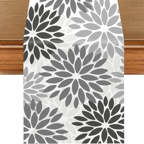 Dahlien Pinnata Blume Tischläufer, Leinen Geometrische Dekoration für Zu Hause Saisonnal Bauernhaus Tischläufer, Tisch Dekoration für Küche, Esszimmer, Hochzeit, Urlaub Party, 13×70inches