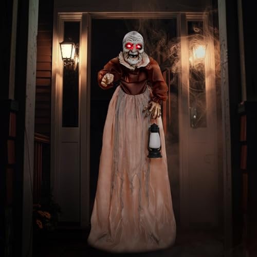 Halloween Animatronics Lebensgroße Hexe Gruselrequisite, bewegungsaktivierte Outdoor-Dekoration, mit gruseligen leuchtenden Augen und beweglichen Armen, für Spukhaus-Party, Rasen, Terrasse, Hof,