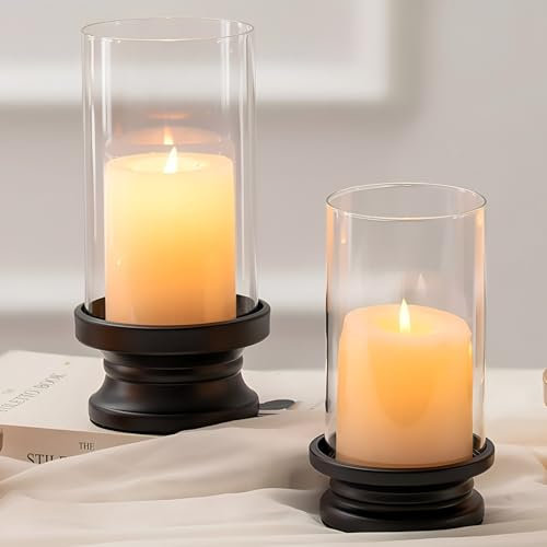 NUPTIO Hurricane Pillar Candle Holders: Set of 2 Glass Cylinder Candle Stand Black Outdoor Metal Halloween Wedding Centrepieces for Tables Christmas Mantel Dining Room