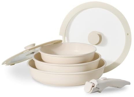 JEETEE Set de Poêles à Frire 6 Pcs, Poêle à Frire Antiadhésive Avec Poignée Amovible et Lid, Poêle 20/24/28 cm Facile À Nettoyer Et Compatible Toutes Les Cuisines, PFOA/PFOS Free, Beige