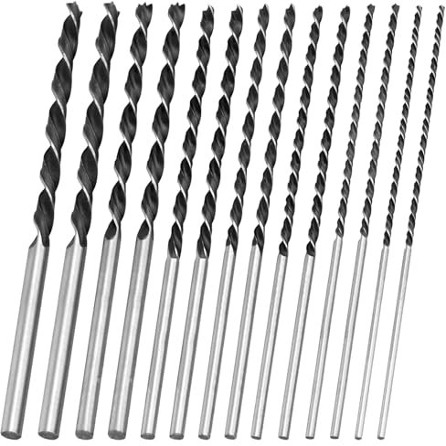 FUNSUEI Juego de 14 brocas para madera largas, Herramientas de Carpinteria, diámetro 4, 5, 6, 7, 8, 10, 12 x 300 mm de largo, 30 cm de largo, juego de brocas en espiral