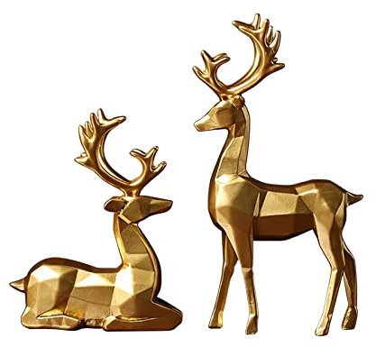 2 Stück Hirsch Figuren Deko Weihnachts-Rentier-Statuen goldene Elche Harz Rentier Paar Skulptur Desktop Ornament Stehender und Liegende Hirsch Dekofiguren Dekoration