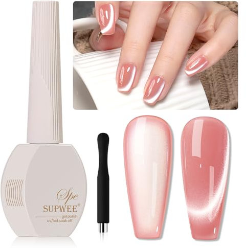 SUPWEE Cat Eye Gel Nail Polish Moonligh Glitter Cat Magnetic Gels Pink Gel Polish Jelly Magnetic Nails Gels Soak-Off UV for Home DIY Manicure Nail Art Salon