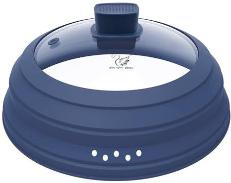 Microwave Splatter Cover Glass Cover Guard Lid with Collapsible Silicone for Food Pot Plate Cover 10 inch Dark Blue
