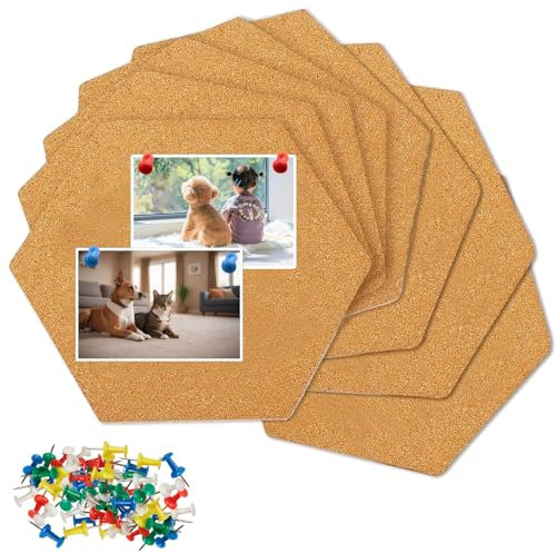 8 Stück Korkplatte mit 40 Farbige Pushpins, Selbstklebende Pinnwand Kork, Korktafel, Sechseckige Memorandum Korkwand, DIY Korkplatten für Büro,Heimdekoration,Notizen,Aufhängen Fotos,Bilder,Zimmer Deko