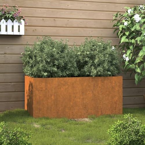 Pflanzkübel, Hochbeet aus Cortenstahl, rechteckig, wetterfest, dekorativ für Garten Balkon Terrasse, Rostoptik, 62x40x39 cm