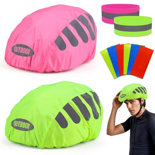HXSYKJDM 2 Stück Fahrradhelm Regenschutz, Regenschutz Fahrradhelm mit 2 Fluoreszierendes Armband und 4 Reflektierende Fahrradaufklebe, Wasserdichter Helmüberzug für Alle Helme