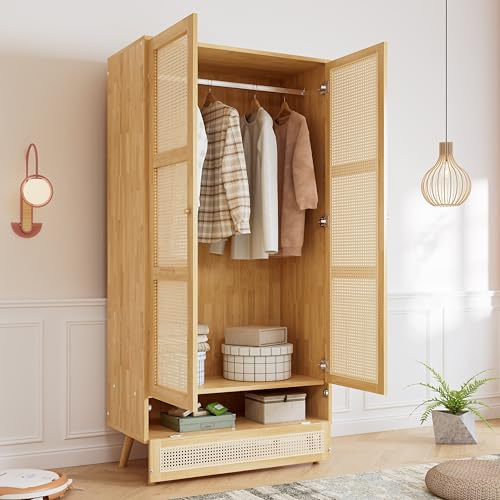 sogesfurniture Kleiderschrank mit Stange, 2-türiger Kleiderschrank, Rattannetz, mit unterem Flip-Top-Deckel, für Schlafzimmer, Wohnzimmer