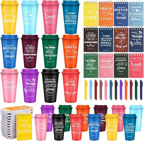 PQHIQ 24 Pack Christian Gifts for Women 16 oz Religious Plastic Coffee Mugs with Lid Straw Bible Verse Spiral Notebooks and Ballpoint Pens Glitter Travel Mug Bulk for Coworkers Gifts (Assorted)