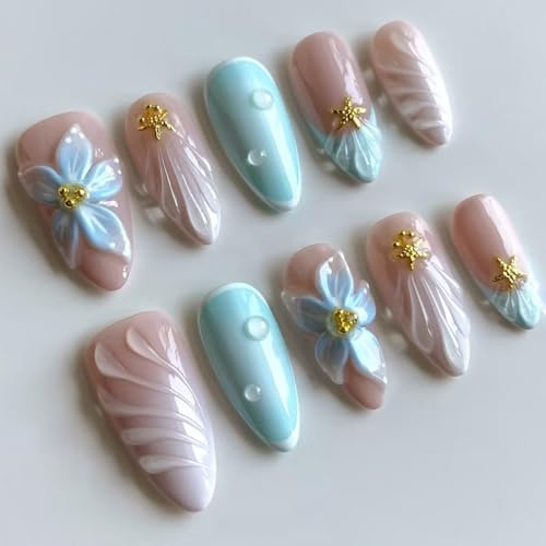 MouyouGlow Press on Nails Kurz,Almond Blau French 3D Bubble Blumen Floral Strand Wellen Muscheln Seesterne Fake Nails mit Nagelkleber,Blue Tips Flowers Y2k Künstliche Fingernägel