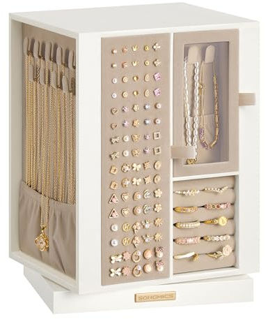 SONGMICS Schmuckkästchen, um 360° drehbar, mit 4 Schubladen | Schmuckaufbewahrung für Halsketten, Armbänder, Ringe, Ohrringe, Geschenkidee, cremeweiß, GLORIBEL Kollektion JBC211WD01