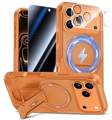 Goton for iPhone 17 Pro Case with Privacy Tempered Glass Screen Protector & Camera Lens Protector, Compatible with MagSafe, Invisible Kickstand, Shockproof Phone Cover, Orange