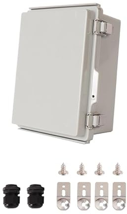 Vangoshell Waterproof Junction Box IP67, ABS Plastic Electrical Enclosure with Hinged Grey Cover, Mounting Plate, Wall Brackets & 2 Cable Glands 210x160x100mm (8.27x6.30x3.94) – Outdoor/Indoor Use