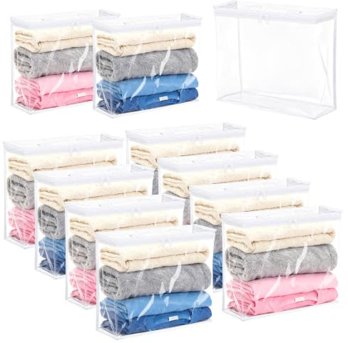 Axincardarm 12 Pack Clear Plastic Zippered Storage Bags 40 x 30 x 10 cm | Transparent Clothes Organizer Bag, for Closet Linen Sweater Pillow Bed Sheet Blanket