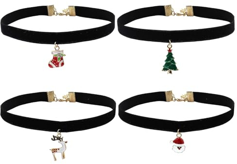 Rainway 4 Stück Halskette Damen mit Anhänger im Weihnachtsstil, Schwarze Samt-Halskette, Weihnachtsbaum & Strümpfe & Weihnachtsmann & Elch, Verstellbare Weihnachts-Kette Schmuckgeschenk
