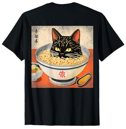 Backprint Japanische Schwarze Katze in Einer Schale Ramen Katzen Kunst T-Shirt