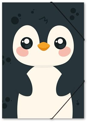 itenga Gummizugmappe DIN A4 – Kawaii Design Tier Serie - aus robustem PP Kunststoff – innen & außen bedruckt – extra stabil & wasserabweisend – Sammelmappe (PINGUIN)