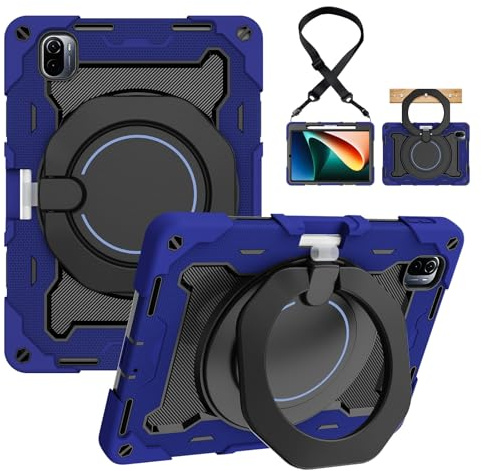 Funda protectora resistente para Xiaomi Mi Pad 5 / Pro 11 pulgadas 2021, soporte giratorio de 360 °, correa, soporte para bolígrafo y anillo para asa, cubierta antigolpes para niños adultos (Dark Blue
