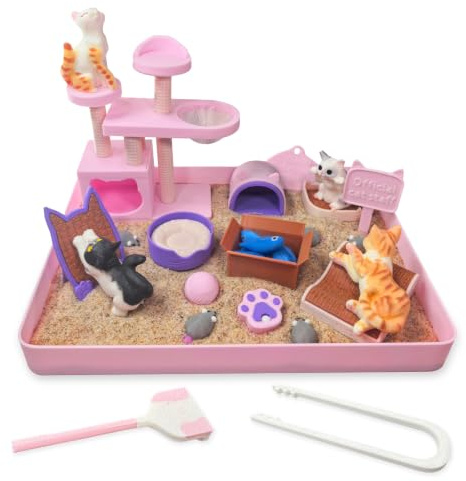 Dibetoy Cat Lover Mini Zen Garden Desk Decor, 3D Print Plastic Miniature Sandbox with 4 Cats, Stewss Relief Gifts for Coworkers, Friends, Family