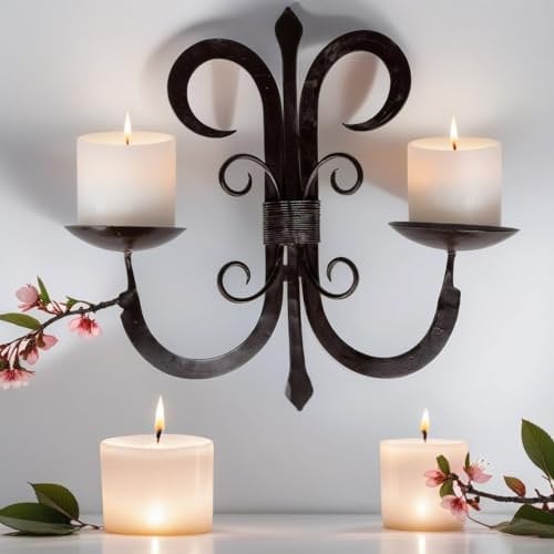 Orientalischer Wandkerzenhalter Kerzenleuchter Vigo 39cm Groß 2 armig massiv | Marokkanischer Vintage Metall Kerzenhalter als Landhaus Wanddeko oder antik Wand Leuchter für Kerzen im Wohnzimmer