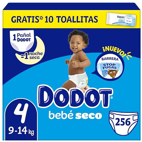 Dodot Pañales Bebé-Seco, Talla 4 (9-14 kg), 256 Pañales + Regalo de 1 Pack de 10 Toallitas Aqua Pure 99% Agua, Una Noche Hasta Un 100% Libre De Fugas, Pack mensual