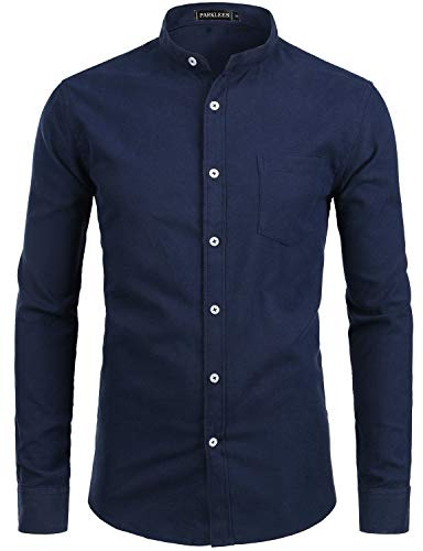 PARKLEES Mens Hipster Design Grandad Collar Oxford Shirt Slim Fit Long Sleeve Casual Button Down Dress Shirts with Pocket Navy S