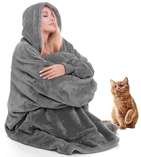 Tragbare Decke Sweatshirt Oversized Hoody Decke für Erwachsene und ältere Menschen, verlängerte super warme und gemütliche Decke Hoodie für Damen und Herren, Fleece-Decke mit (dunkelgrau)