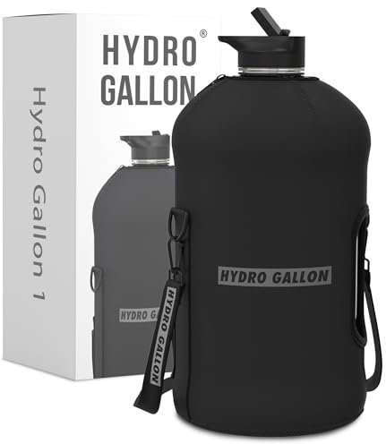 Hydro Gallon® - 1 Gallon Water Bottle Jug with Insulated Sleeve and Straw Lid, Handle, Time Marker, Pocket, Shoulder Strap. Daily Intake Leakproof BPA free Large Big Bottle Men. 128oz (Black)