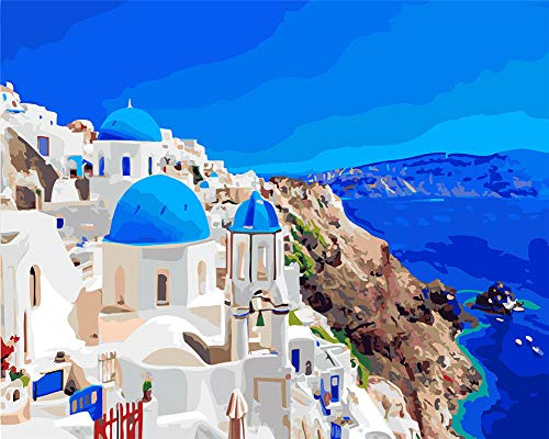 WOWDECOR Art Supplies Greece Aegean Sea Blue White House DIY Paint by Numbers Kits 40 x 50cm with Painting Brushes Canvas (Framed)