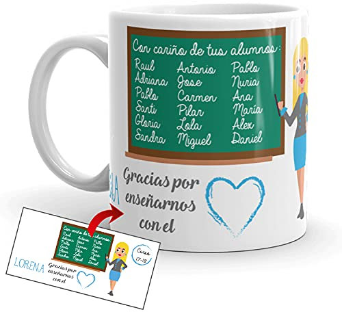 Kembilove Taza regalo Profesora personalizada – Tazas Desayuno para Fin de Curso con nombres alumnos pizarra Profe Rubia – Regalos originales para Profesores y Maestros