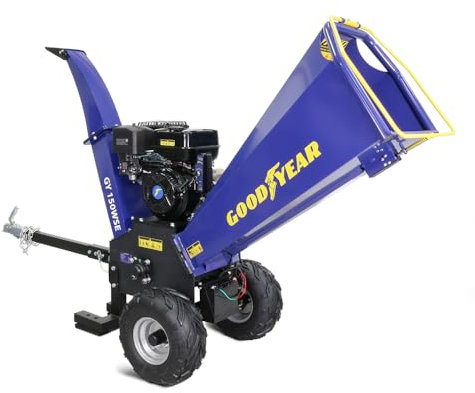 Goodyear - Biotrituradora de Ramas 15HP (11.250 W) con Encendido Eléctrico y Manual, Trituradora de Ramas y Hojas Secas hasta 120 mm, Sistema Triple de Corte, Chasis de Acero y Ruedas Grandes