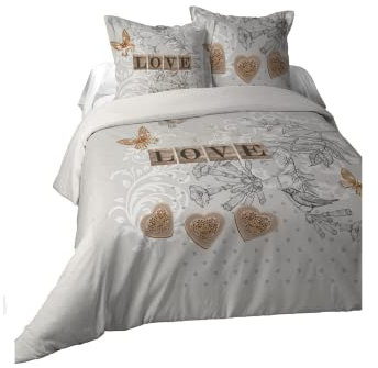 Stof - Housse de Couette 260x240cm et 2 taies d'oreillers 63x63cm - Clemence - 100% Coton - Certifiée Oeko-Tex - Linge de lit - Romance - Love - Cœur - Amour - Gris et Naturel - 2 Personnes