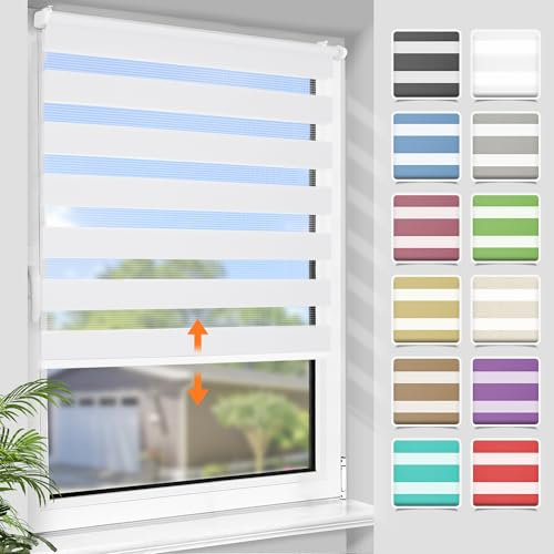 SBARTAR Doppelrollo schnurlos Klemmfix Rollos für Fenster ohne Bohren & zum Bohren, Weiß B90 x H140 cm, Drücken Und Ziehen Springrollos, Lichtdurchlässig Aber Blickdicht Mittelzugrollo