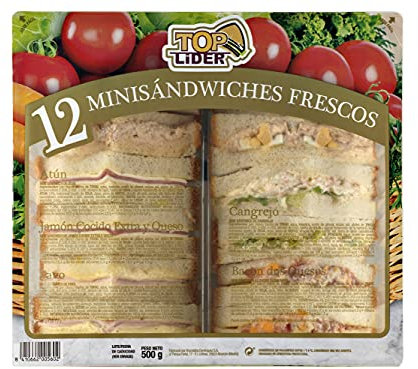 TOP LIDER - 12 Mini Sandwiches Surtidos de Atún, Jamón Cocido con Queso, Pavo, Cangrejo y Bacon Dos Quesos - Refrigerado - 500 g