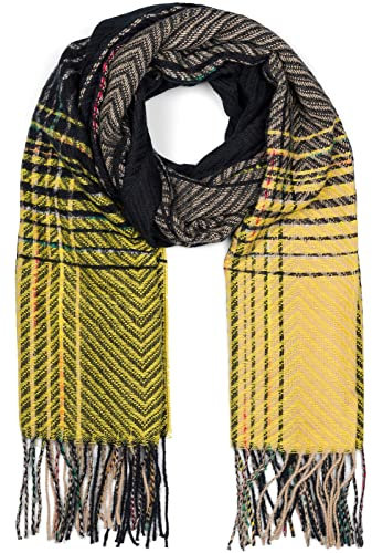 styleBREAKER Damen Feinstrick Schal mit bunt gestreiftem Zick-Zack Muster und Fransen, warme Winter Stola mehrfarbig 01017149, Farbe:Schwarz-Gelb