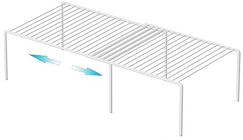 iPEGTOP Expandable Storage Rack Shelf, 2 Piece Cabinet Metal Rustproof Spice Rack, Adjustable Kitchen Organization Pantry Shelf Space Saver Cupboard Riser for Freezer Pantry Counter Shelves, White