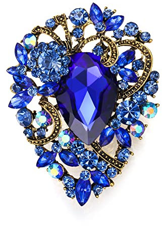 EVER FAITH Broche Femme Goutte d'eau Strass Cristal Clip Style Vintage Fleur Grappe Broche pour Concert Bleu Ton Antique Or